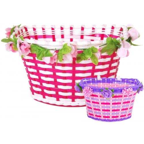 Panier à vélo tressé Volare - Fleurs - Filles - Blanc/Rose ou Violet/Rose