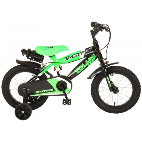 Vélo pour enfants Volare Sportivo - Garçons - 14 pouces - Vert fluo noir - Freins à deux mains - 95% assemblé