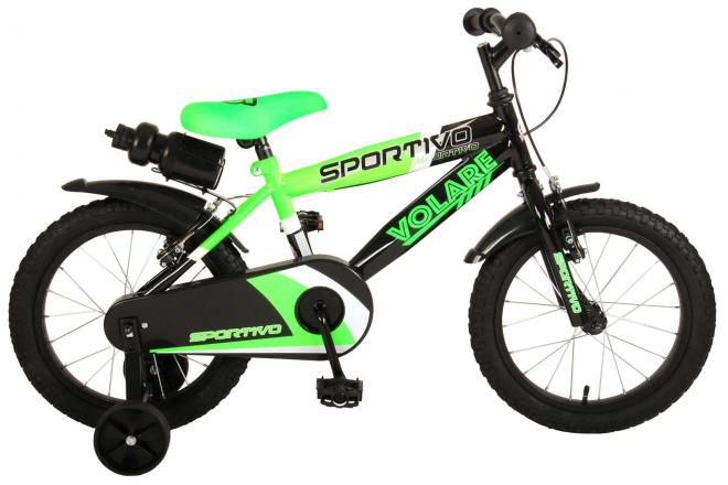 Vélo pour enfants Volare Sportivo - Garçons - 16 pouces - Vert fluo noir - Freins à deux mains - 95% assemblé