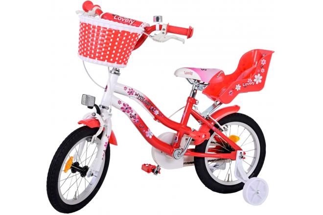 Vélo d'enfant Volare Lovely - Filles - 14 pouces - Rouge Blanc - Deux freins à main - 95% assemblé